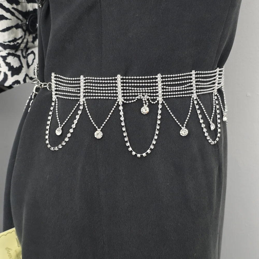 Silver rhinestone Waist Chain Belt with Dangling Crystal Pendants